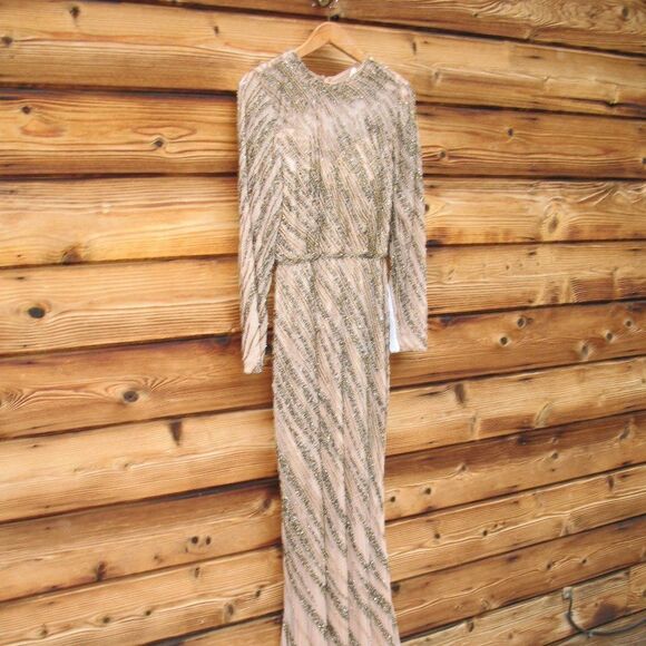 Mac Duggal Long Sleeve Beaded Column Gown Dress Mocha Size 4 - Picture 8 of 14